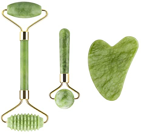 Lamkrtlp Gua sha Stein, Jade Roller und Gua Sha Set, Gesichtsroller aus Jade, Original Jade Massagegerät, Gua Sha aus Jade Gerillter Rollmassierer, Gua Sha Beruhigt und Entspannt Die Haut