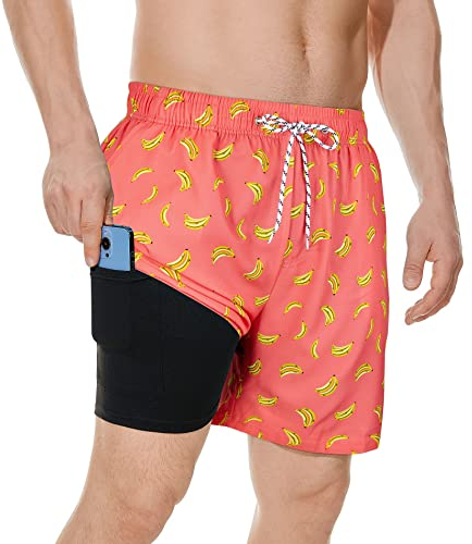 American Trends Herren Badehose mit Kompressionsfutter, schnell trocknend, Pink Orange Banane, L