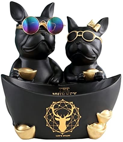 OKESYO Französische Bulldogge Tablett Deko, Dekofigur, Butler Figur Hund, Harz Skulptur Desktop Ornament für Bücherregal, Büro, Wohnzimmer, J - Schwarz