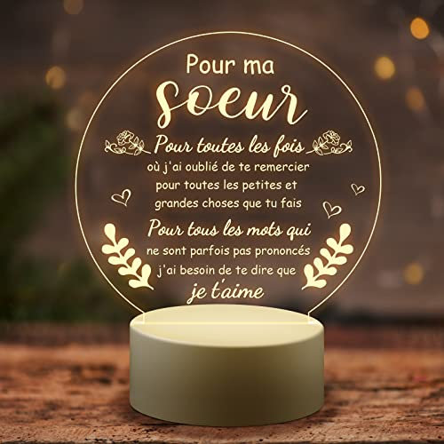 Welsky Cadeau Soeur, Cadeau Soeur Anniversaire Veilleuse, Cadeaux de Anniversaire Mariage Noel Fete des Meres pour Femme Amie, Idée Acrylique Decoration Veilleuse LED
