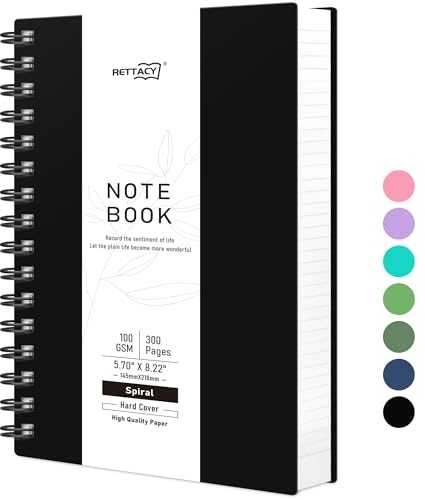 RETTACY Notizbuch A5 Gepunktetes, Bullet Dot Journal, Spiral-Notizbücher 300 Blatt/150 Seiten zum Schreiben, 100gsm, PVC Hardcover, für Frauen Männer Arbeit Büro Schule, 14.5 x 21cm - Schwarz
