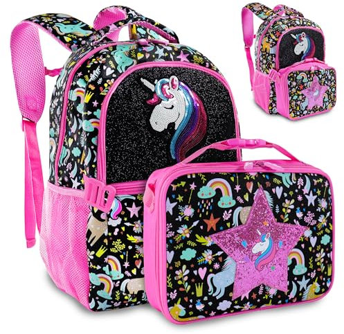 Decorably Klassischer Einhorn-Rucksack mit abnehmbarer Lunchtasche, Schwarz
