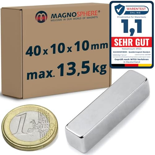 Quadermagnet Neodym Magnet-Quader Extra Stark - Haftkraft bis 800kg - Starke Blockmagnete - Rechteckige NdFeB Magnete, Stückzahl/Größe: 5 Stück - 40 x 10 x 10 mm | Haftkraft 13,5kg
