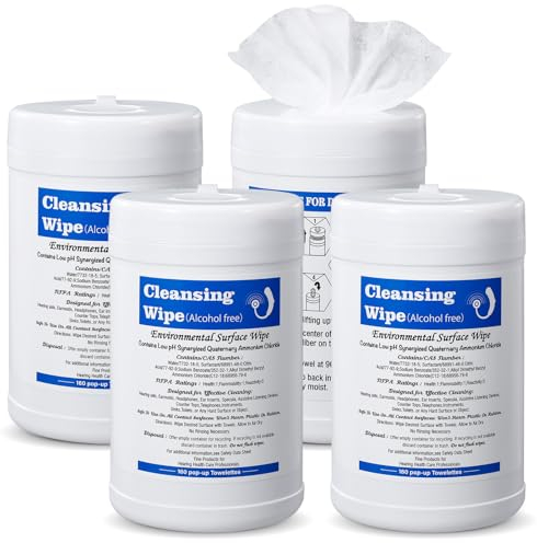 Threlaco 4 Pack Hearing Aid Wipes Large Canister Cleaning Towelettes 160 Per Canister for Hearing Aids Cleaner Wipes for Earwax Earbuds Sweat Earplugs Amplifier Removal