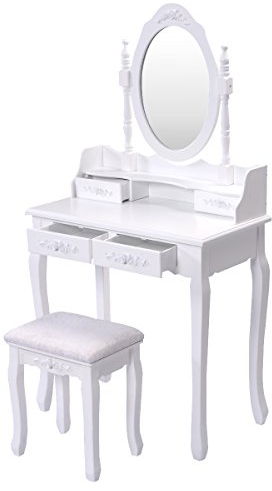 HOMASIS Tavolo da toeletta con sgabello, tavolo da toeletta con specchio girevole a 360° rimovibile, sedia da trucco imbottita, tavolo cosmetico con cassetti, per camera da letto e soggiorno, bianco