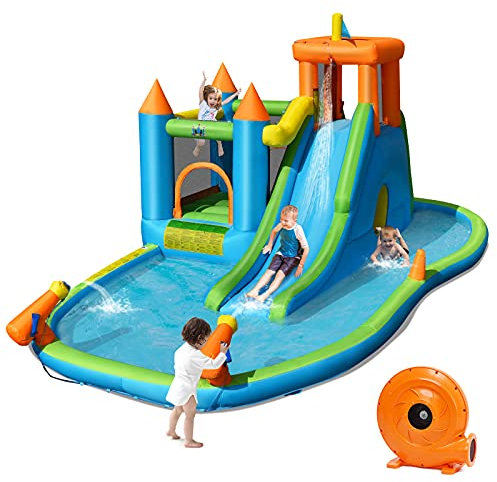 COSTWAY Inflatable Water Park, 596 x 319 x 250cm Kids Bouncy Castle with Blower, Slide, Climbing Wall, Water Cannon, Ball Pit, Splashing Pool, Blow up Jumping House for Summer Outdoor Play