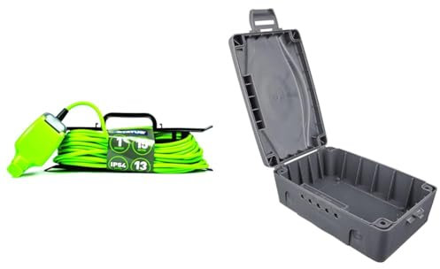 STATUS 1 Socket Extension Lead | 15m Green Waterproof Extension Cable | 13 amp & Masterplug WBX-MS Weatherproof Electric Box for Outdoors, 345 x 220 x 126.5 mm, Grey