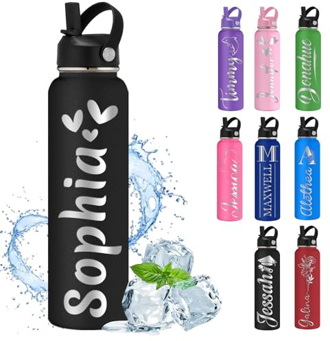 MiNaSii Custom Water Bottle Personalised Water Bottles with Straw Lid Name Engraved Insulated Stainless Steel Bottles for School Customised Double Wall 12 18 24 32 40 oz