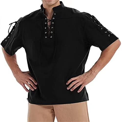 Leinenhemd Mittelalter Herren Steampunk Piraten Hemd Piratenhemd Oberteile Freizeithemden Tunika Schnürhemd Renaissance Viktorian Mittelalter Hemd Viking Kostüm Kurzarm/langarm Halloween Shirt
