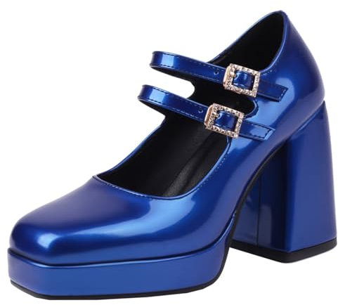 HSyc JRX Lack Mary Jane Blockabsatz Pumps mit Plateau und Schnalle High Heels Damen Schuhe 43