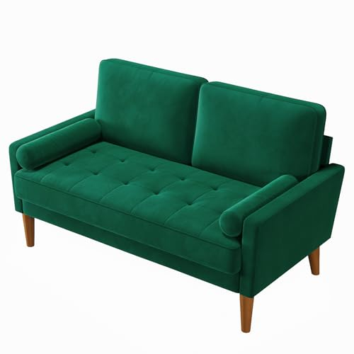 Couch 2 Sitzer, Modern Mini Sofa, Samt Kleines Sofa mit 2 Wurfkissen, Getuftetes Kleine Couch für Wohnzimmer/Schlafzimmer/Büro/Wohnung, 121x 77 x 87cm, Grün