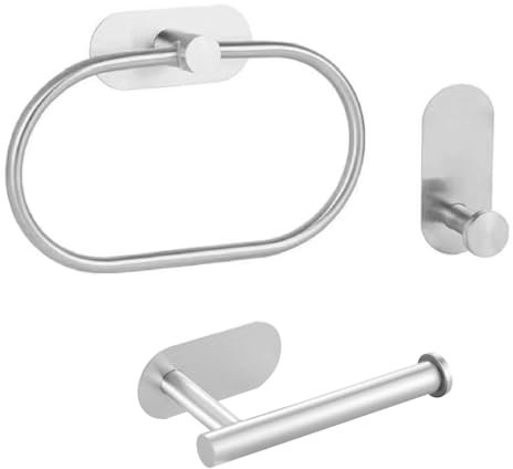 1Pcs Stick on Toilet Roll Holder, 1Pcs Self Adhesive Hooks and 1Pcs Self Adhesive Towel Ring, Towel Holders for Bathrooms, Stainless Steel Hand Towel Holder, for Use in Bathrooms, Kitchens, Cupboards