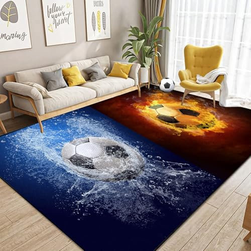 Dai Lufei FußBall Teppich Fußballstadion Eisfeuer Flammen Bedruckt Großflächige Teppich 3D Fussball Sport Fußballplatz Bodenmatte Jugendzimmer Fußballplatz Fußmatten, 100x150cm