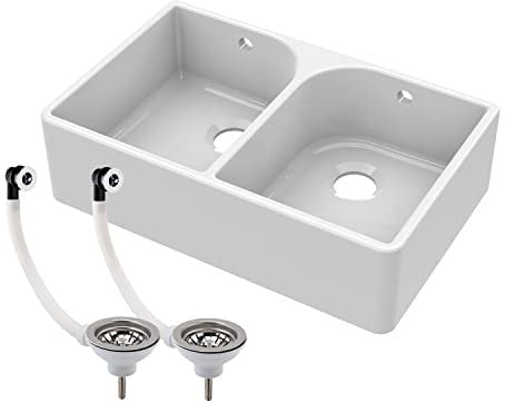Balterley 795mm Belfast Kitchen Sink White Double Bowl with Full Weir and 2 Wastes with Overflow, Durable Durable Fireclay Belfast Ceramic Kitchen Sink Bowl - 795 x 500 x 220mm (White)