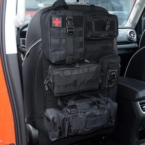 Refein Tactical Car Seat Back Organizer with 5 Detachable Storage Pouch, Upgrade Tactical Molle Car Backrest Protector Waterproof for Truck Ford Jeep SUV Vehicle Car Accessories for Women Men - Black