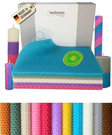 Wachsmann 20 Bienenwachsplatten aus Deutschland, buntes Set Farbenzauber, Wachsplatten 20 x 15 cm, Bienenwachs Kerzen selber machen, Kerzenwachs