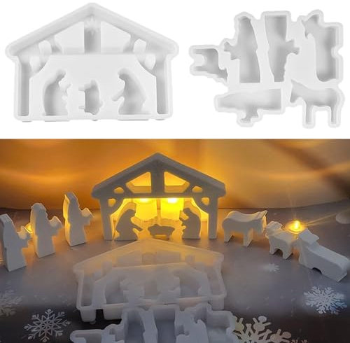 HIQE-FL Silikonformen Gießformen,2 Stück Krippe Silikon Gießform,Silikonform Weihnachten,GießFormen Silikon,Krippenfiguren Gießform,Weihnachten Silikonform,für Weihnachten Diy Handwerk,Kerzen,Gips