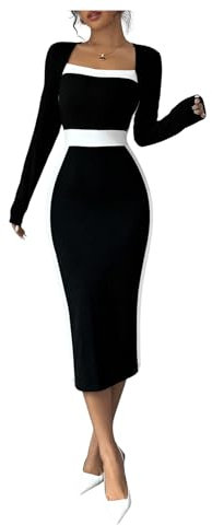 GORGLITTER Women's Square Neck Color Block Midi Dress Long Sleeve Bodycon Pencil Elegant Dresses Black and White Large