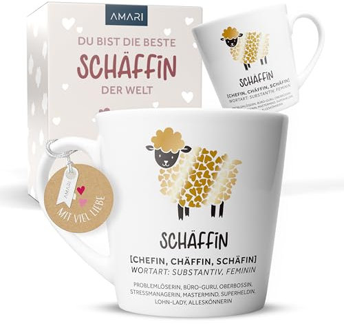 Amari® Tasse Schäffin – Lustiger Kaffeebecher mit Schaf-Motiv & Spruch – Geschenk für Chefin – Witzige Tasse für Büro – Dankeschön oder Abschiedsgeschenk für Frauen