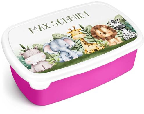 GRAVURZEILE Bedruckte Lunchbox - Tiergruppe Safari - Personalisiert mit Namen - Brotdose für Kinder - Individuell bedruckt - Platzsparend stapelbar - Perfekt für Schule & Kita - Farbe: Pink