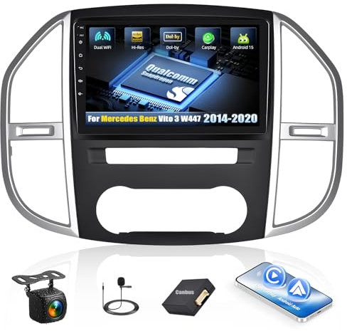 CAMECHO Qualcomm 8 Core 4GB +64GB Android 15 Autoradio para Mercedes Benz Vito 3 W447, Doble DIN Radio con 10 Pulgadas Touchscreen,CarPlay,Dual WiFi,GPS,Bluetooth5.1, Dolby/Hi-Res+Cámara Trasera