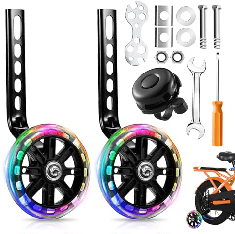 Bike Stabilisers for Childs Bikes, Bicycle Training Wheels, Bicycle Training Flash Wheels Compatible with 12 14 16 18 20 Inch, Mute Flash Wheel with Adjustable Bicycle Stabiliser Mounted Kit