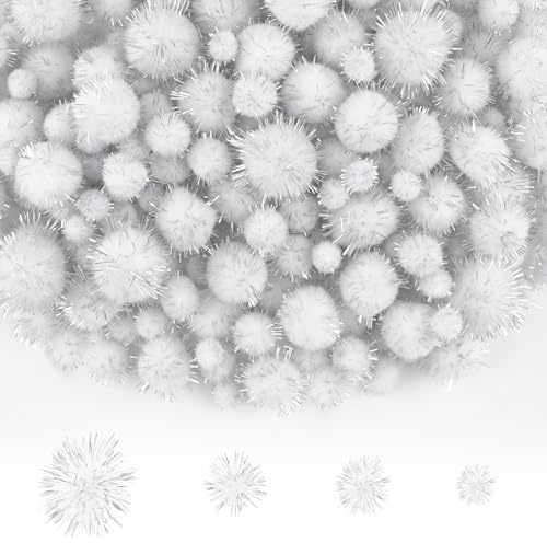 NACHLYNN 1000 Glitzer-Pompons zum Basteln Großpackung 4 Größen Bunt Weiche Flauschige Pompons Bommel zum Basteln DlY-Dekorationsaktivitäten, mit Aufbewahrungstasche (Weiß)