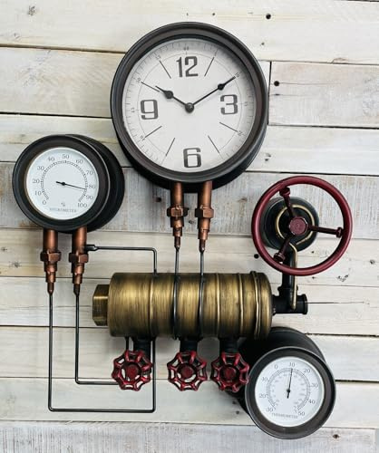 My Square Mile Industrial Steampunk Pipe Metal Gear Wall Clock with Faux Temperature Dial Display (Triple Cog Clock)