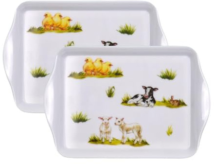 Set of 2 Small Serving Trays - Afternoon Tea Coffee Cake Drinks Food Snack Breakfast Board - Easy to Carry, Reusable Platter 21cm x 14cm x 2.5cm - Countryside Farm Yard Animals