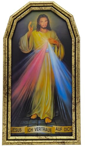 Lunexus Wandbild Barmherziger Jesus 25x14 cm – gerahmt mit Echtglas | Gesegnet mit Zertifikat – Massivholzrahmen, patiniert – Motiv: Jesus ich vertraue auf Dich – Taufe, Firmung, Haussegen
