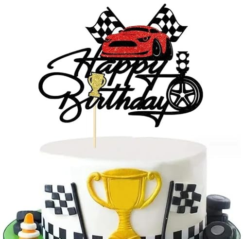 VGRDTW Car Cake Topper, Racing Car Cake Decorations, Racing Car Birthday Party Decorations, 6.4x4.8 Inch Glitter Race Car Trophy Helmet Cake Picks for Boys Let's Go Racing Theme Party Supplies