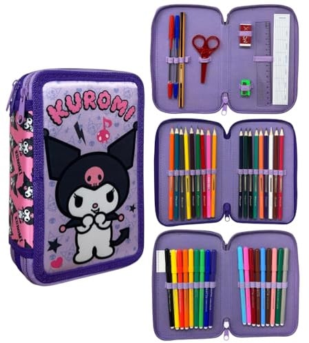 CARTOON Astuccio 3 zip Kuromi Sanrio triplo completo 44 pezzi cancelleria per la scuola multiscomparto penne matite colori pennarelli giotto