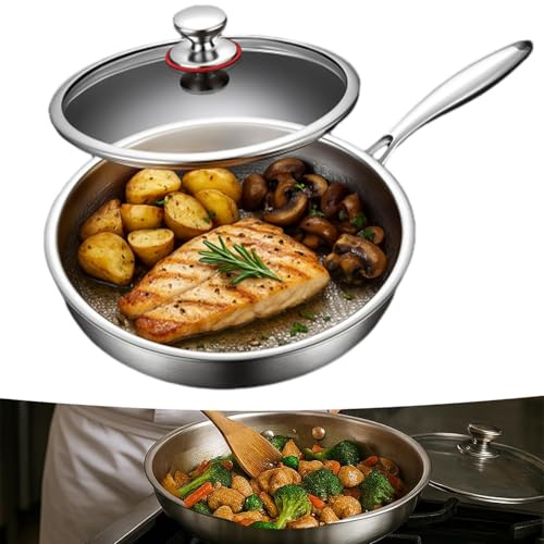 Plateful - Padella in titanio con coperchio, padella in puro titanio per cucinare, padella antiaderente multifunzione ultra resistente, lavabile in lavastoviglie, adatta per ogni piano cottura (30 cm)