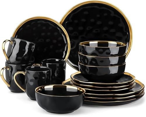 Dinner-Sets 16 Stück Schwarzes Porzellan-Geschirr-Set Mit Goldener Trim Dessertteller Teller Tasse Schüssel Geschirr-Set Für Das Abendessen, One Color, 16 Piece