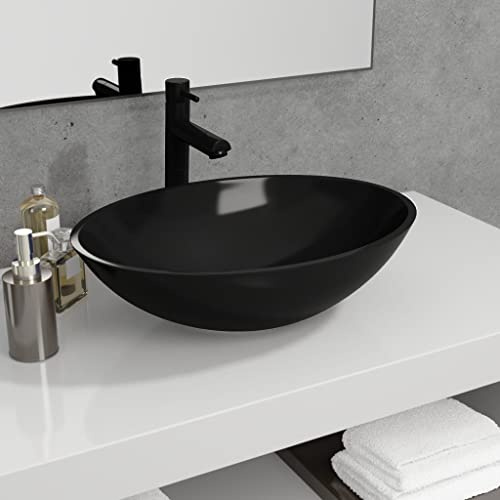 Mokuyard Waschbecken aus Glas, schwarz, 50 x 37 x 14 cm über Arbeitsplatte, Waschbecken für Sanitär, Bad oder WC, modern und elegant, gemeinsames Waschbecken