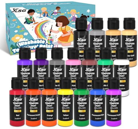 ABEIER XSG Temperafarben Waschbare Farben, 18 Farben × 60ml Kinder Plakatfarbe auf Wasserbasis, sicher und ungiftig, 15 leuchtende + 3 Metallic-Farben, geeignet für Kleinkinder und Kindermalerei