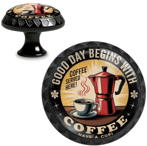 Yiruhe 4 Pack Good Day Begins with Coffee Funny Kitchen Cabinet Knobs Crystal Glass Round Drawer Pulls for Dresser Cupboard Door Handles