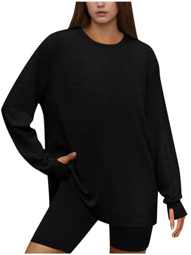 Gym Tops for Women Oversized Workout Top Loose Long Sleeve Athletic Shirt with Thumb Hole Crew Neck Fitness Training Running Top Yoga Tee Shirt Ladies Casual Pullover Blouses