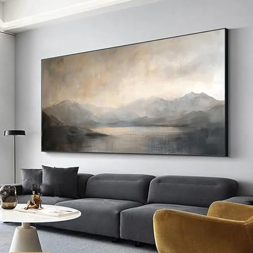 UUDEZO Moderna abstrakt duk med grå berg, stor inramad landskapsmålning för vardagsrum, inredning sovrum (80x160 cm (31x63 tum))