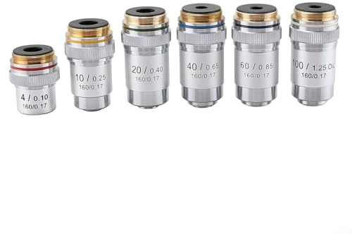 Volakebeing Achromatisches Mikroskop-Objektiv-Set, 4 x 20 x 40 x 60 x 100 x, S-Plan RMS-Gewinde, 160 mm Rohrlänge, 0,17 mm, Abdeckglas für biologisches Labor (40-fach)