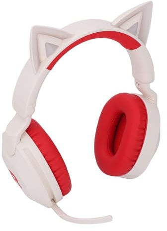 Wireless Cat Ear Bluetooth Headphone with Mic Volume Control LED Light for Gamers, Foldable Music Headset for All Ages in White (Red)