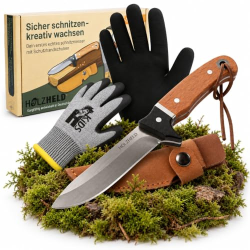 HOLZHELD - Schnitzmesser Kinder mit Gürteltasche inkl. schnittfeste Handschuhe - sicheres Taschenmesser -Schnitzset - Schnitzen Kinder - Kindermesser ab 5, 6, 7, 8, 9, 10 Jahre - Größe 3