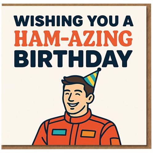 Funny Birthday Card - 'Wishing You A HAM-AZING Birthday' Pun with Party Hat Illustration, Humorous Card for Friends and Family