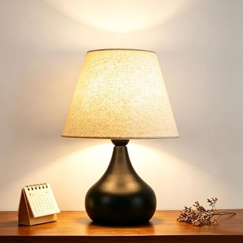 MELAYR 4776242 Lampe de Chevet, Petite Lampe de Table Style Nature | Abat-Jour en Lin, Pied Métallique Goutte d'Eau, E27, pour Chevet, Canapé, Salon, Chambre, Ampoule Non Incluse