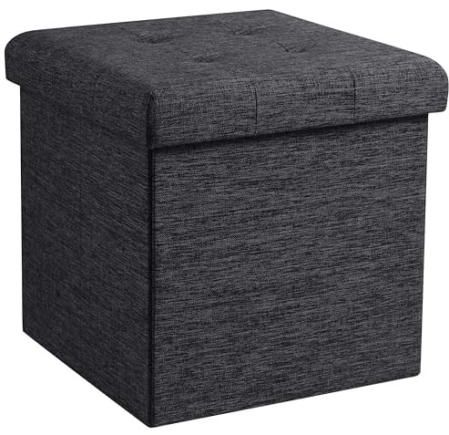 Ornavo Home 15 Inch Folding Storage Ottoman Cube, Tufted Linen, Black