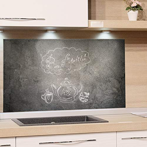 GRAZDesign Küchen-Spritzschutz Glas Grau Küchen Herd Bild-Motiv Spruch auf Steinoptik Granit Guten Appetit - Glasbild als Küchenrückwand - Küchenspiegel / 60x60cm