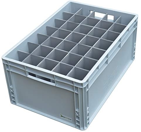 Champagne Prosecco Flute Glassware Storage Crate with Internal Dividers, 35 Cells | Glass or item max width 65mm, max height 250mm | Lid Included