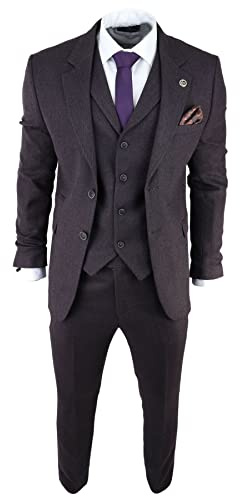 TruClothing.com Herrenanzug 3 teilig Fischgräte Tweed Design Lila 1920er Vintage Retro Stil - Lila 58