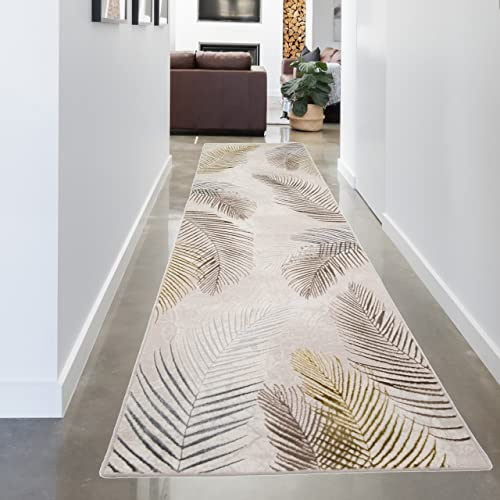 Moderner Wohnzimmer Designerteppich mit Palmenzweigen | pflegeleicht | Creme Gold, 80 x 300 cm