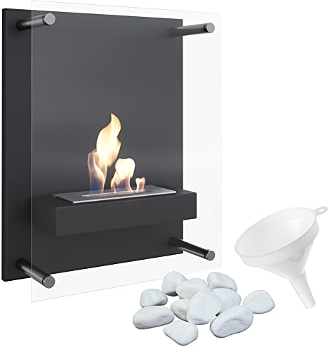 KRATKI Chimenea de bioetanol de Vidrio Brasero de Pared con biocontenedor acristalado 0,2 lAcero con Recubrimiento en Polvo Certificado TÜV 40 x 50 cm Negro Plus Embudo de llenado y guijarros